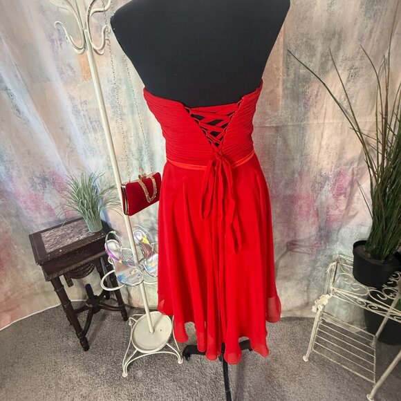 NEW๐Fiesta Fire Red Strapless Mini Cocktail - Party Chiffon Dress w/ Lace-Up - Picture 2 of 16